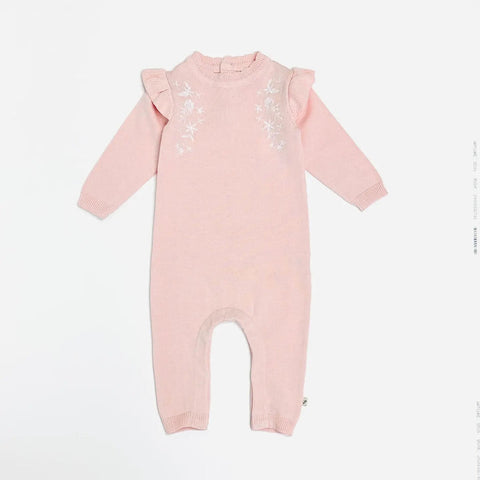 Viverano - Floral Embroidered Ruffle Knit Baby Jumpsuit - Blush