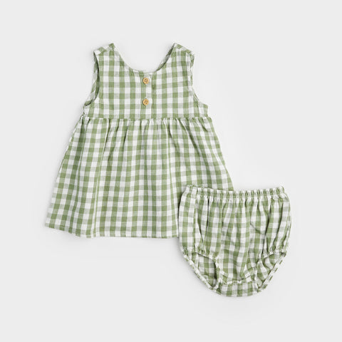 Petit Lem - Cross Hatch Linen Dress Set - Green Gingham