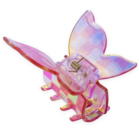 Frog Sac - Medium Iridescent Butterfly Hair Clip - Checkered Pink