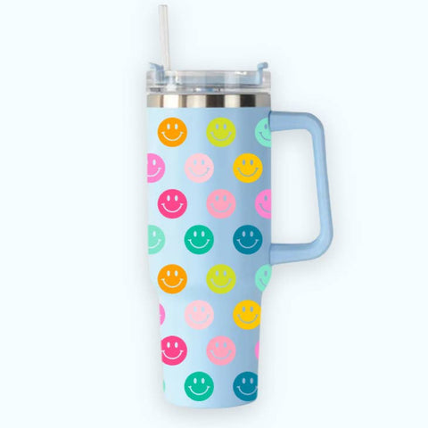 Cleary Lane - 40 Oz Tumbler With Handle - Sky Blue Rainbow Smiley
