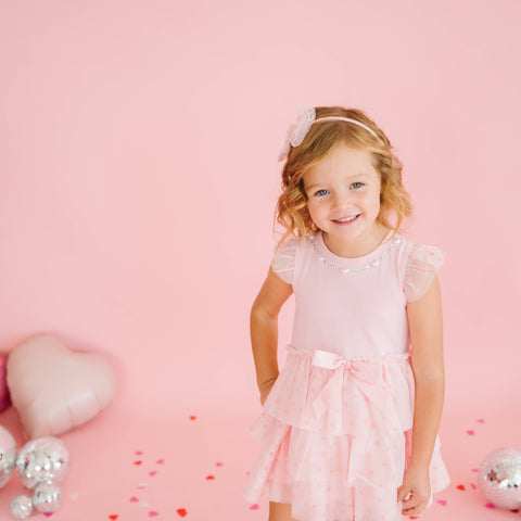 Sweet Wink - Tiered Short Sleeve Tutu Dress - Flocked Heart