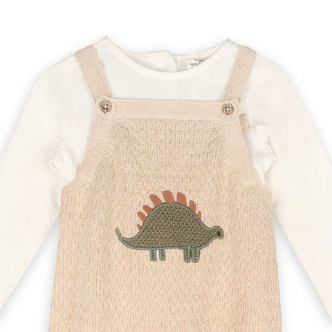 Viverano - Dino Applique Knit Overall Set - Oatmeal