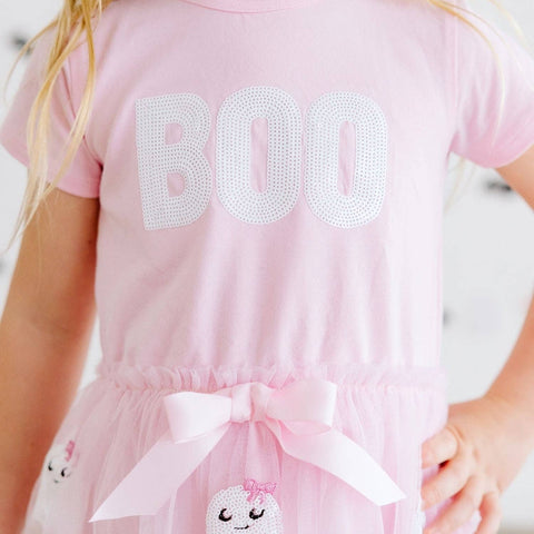 Sweet Wink - Short Sleeve Tutu Dress - Boo Sequin Patch