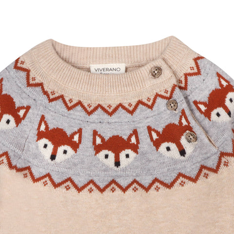 Viverano - Fox Jacquard Fair Isle Sweater Knit Pullover - Oatmeal