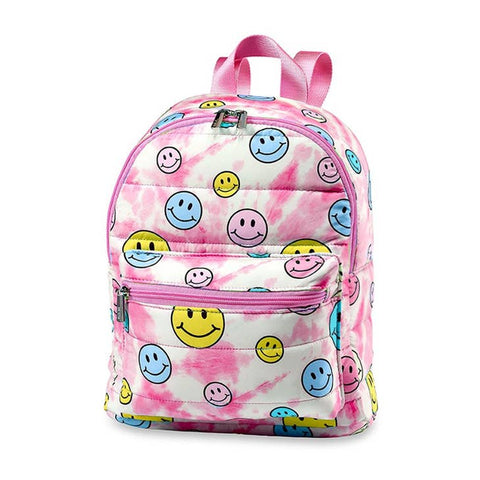 Top Trenz Inc. - Puffer Mini Backpack - Pink Tie Dye Happy Face