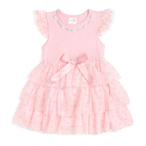 Sweet Wink - Tiered Short Sleeve Tutu Dress - Flocked Heart