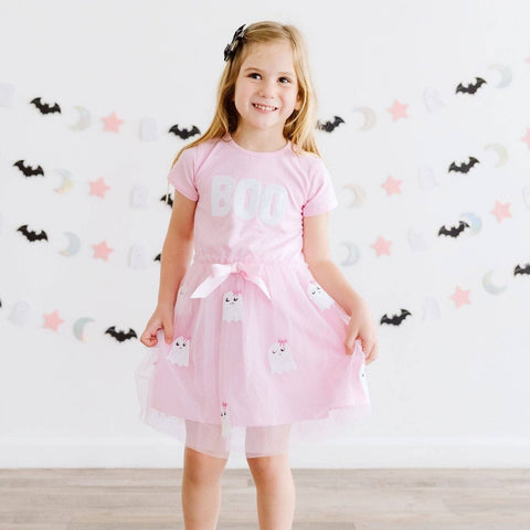 Sweet Wink - Short Sleeve Tutu Dress - Boo Sequin Patch