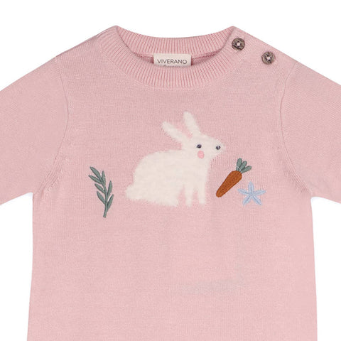 Viverano - Furry Bunny Embroidered Baby Knit Romper - Pink