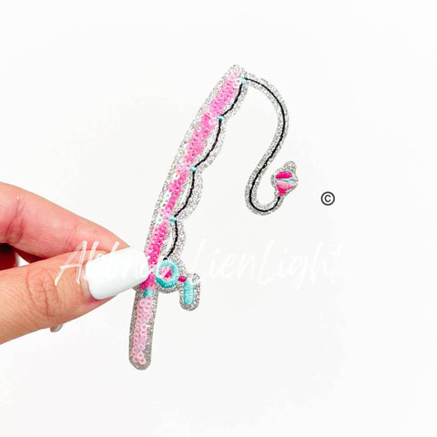 Iron on Patch - Pink Glitter Fishing Rod