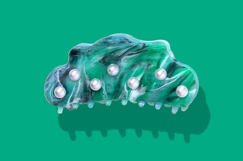 Claw Hair Clip - Large - Turquoise w/ Pearl Beads