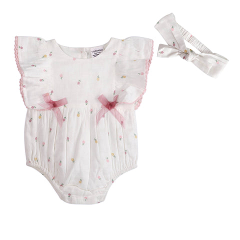 Viverano - Margot Flower Baby Romper + Headband - White