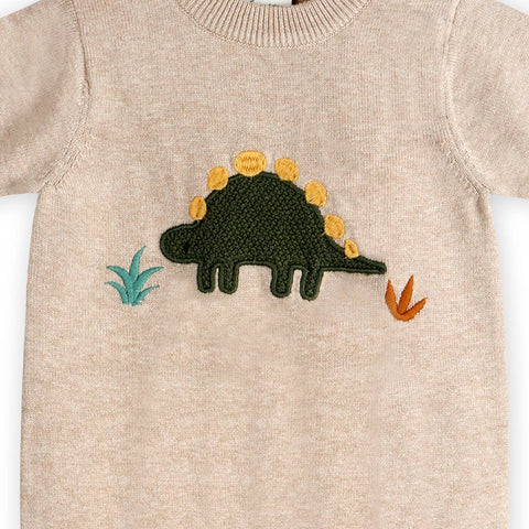 Viverano - Dino Applique Baby Knit Romper - Oat Heather