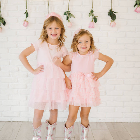 Sweet Wink - Tiered Short Sleeve Tutu Dress - Flocked Heart