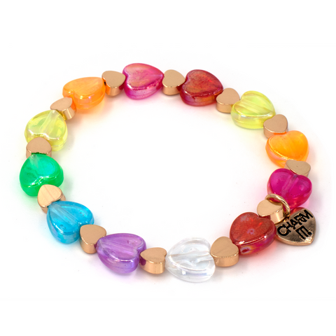 Bead Stretch Bracelet - Gold Rainbow Heart