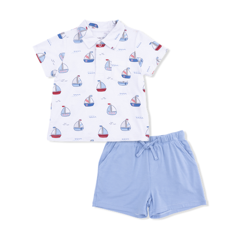 Angel Dear - Polo Shirt w/ Casual Shorts - Bubbly Sailboats Blue