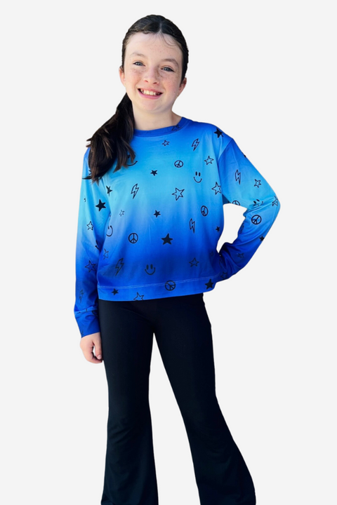 PixieLane - Simply Soft Long Sleeve Easy Tee - Blue Ombre Doodles