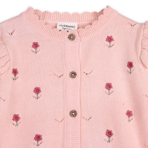 Viverano - Floral Embroidered Pointelle Knit Cardigan - Rosewood Pink