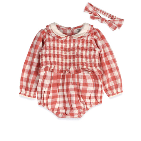Viverano - Aubrette Gingham Baby Romper & Headband - Cranberry Rust