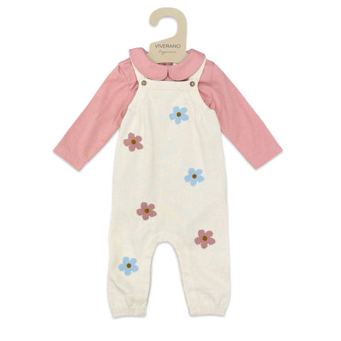 Viverano - Grace Flower Jacquard Knit Overall & Bodysuit Set - Natural