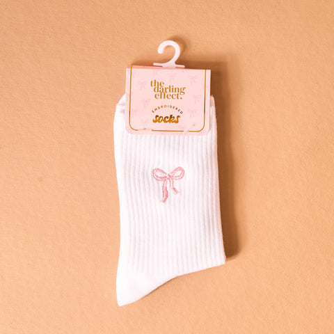 Embroidered Crew Socks - Pink Bow