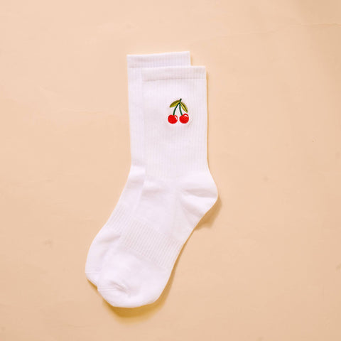 Embroidered Crew Socks - Cherries