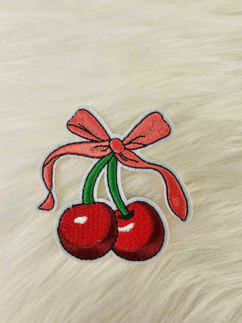 Embroidery Iron On Patch - Cherry with Pink Bow
