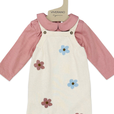 Viverano - Grace Flower Jacquard Knit Overall & Bodysuit Set - Natural