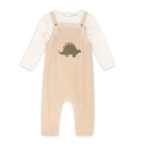 Viverano - Dino Applique Knit Overall Set - Oatmeal