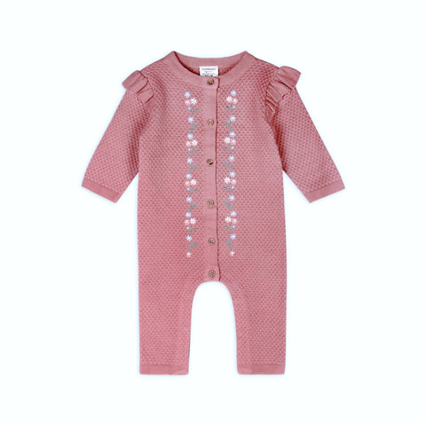 Viverano - Floral Embroidered Sweater Knit Ruffle Jumpsuit - Vntage Rose
