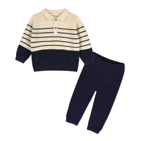 Viverano - Classic Stripe Polo Sweater Knit Pullover & Pant Set - Navy