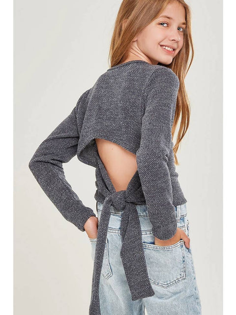 Good Girl - Self-Tie Open Back Chunky Knit Sweater - Charcoal