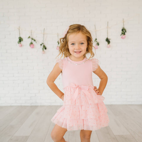 Sweet Wink - Tiered Short Sleeve Tutu Dress - Flocked Heart