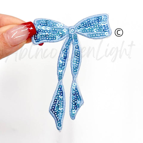 Iron on Patch - Light Blue Skinny Sequin Bow