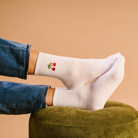 Embroidered Crew Socks - Cherries