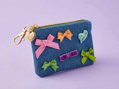 Soft Zipper Keychain Pouch - Denim + Bows