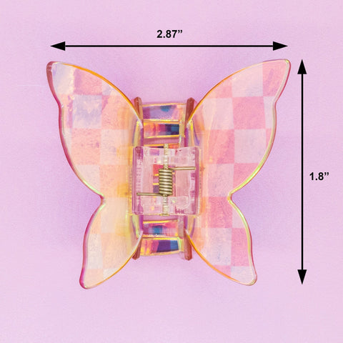 Frog Sac - Medium Iridescent Butterfly Hair Clip - Checkered Pink
