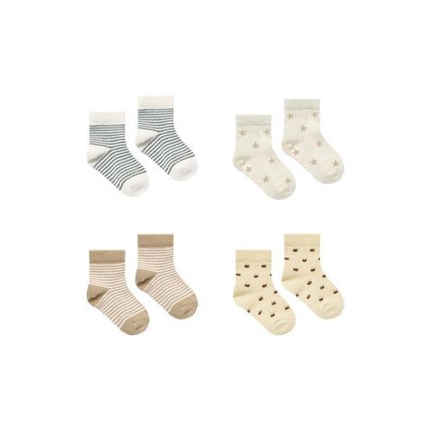 Quincy Mae - Printed Socks Set 4PK - Latte Micro-Stripe, Doves, Dusty Blue Stripe & Apples
