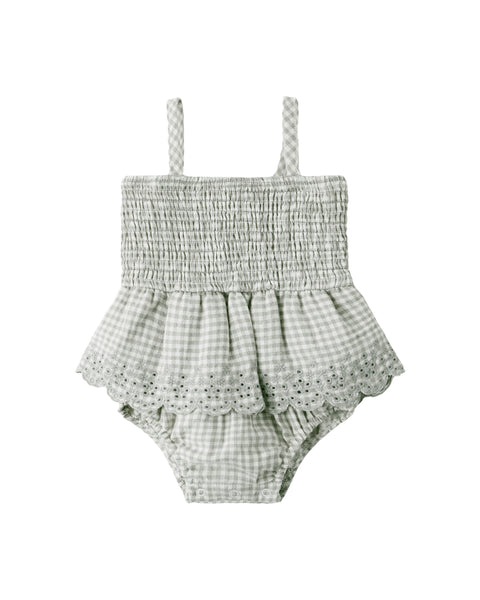 Quincy Mae - Smocked Skirted Romper - Sage Gingham
