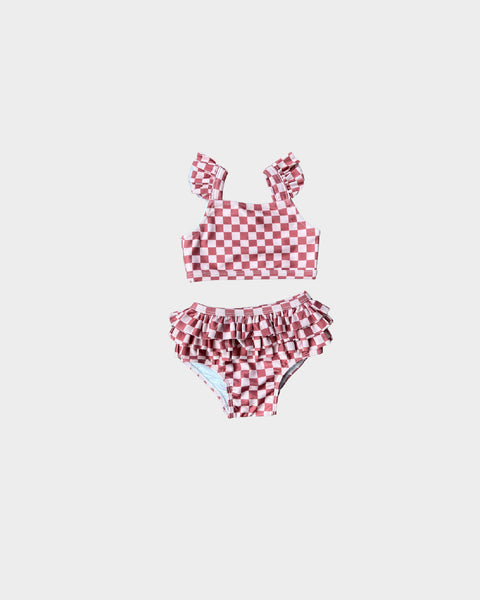 Babysprouts - Two Piece Ruffle Swim Suit - Strawberry Checkered