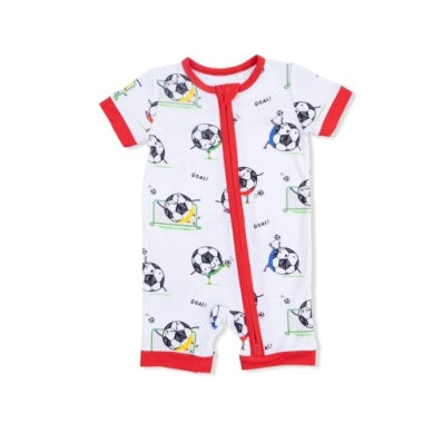Angel Dear - Shortie 2-Way Zipper Romper - Soccer Balls Playing Soccer Blue