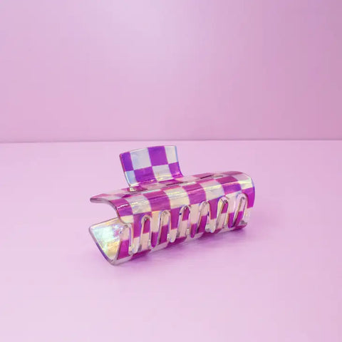 Frog Sac - Medium Square Iridescent Claw Clip - Checkered Purple